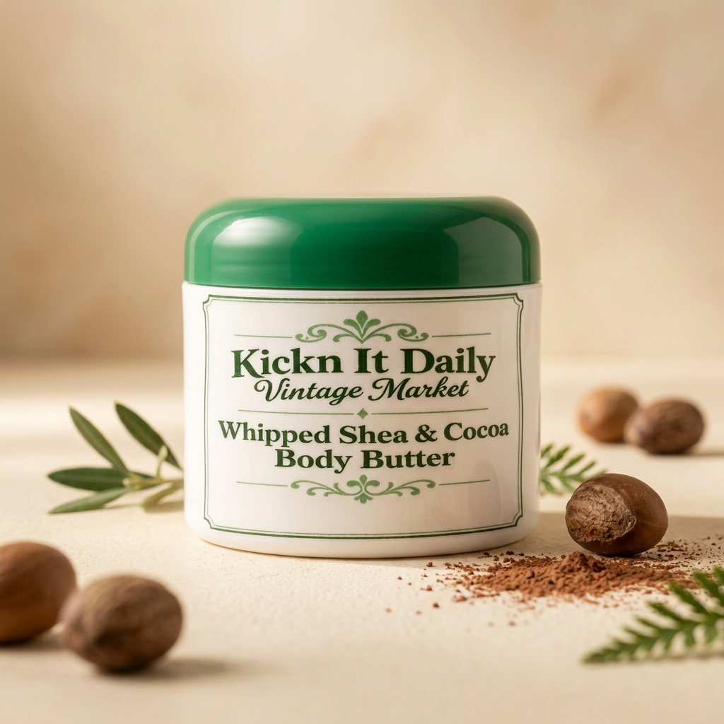 Body butter hero shot with cocoa and shea props